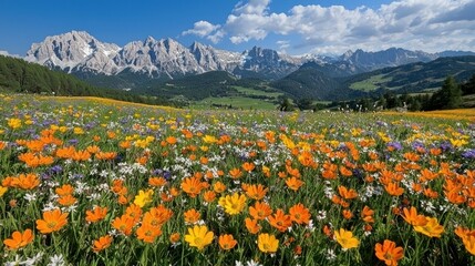 Fototapeta premium Alpine meadow flowers bloom against mountains