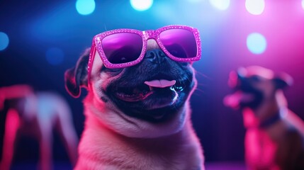 Cool Pug Dog Wearing Pink Sunglasses Neon Night Club Scene
