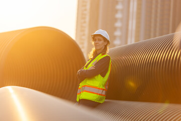 A female engineer standing confidently on large pipes at a construction site. She is wearing a hard...
