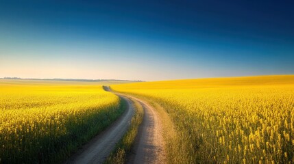 Winding road through yellow rapeseed field, sunny day, rural landscape, nature background, idyllic scenery