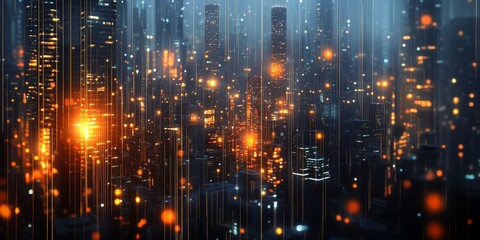 Obraz premium Futuristic cityscape at night with glowing lights and digital rain.