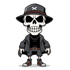 a skull emoji wearing a hat with an x on it, a black jacket, and brown shoes.