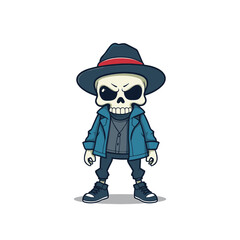 a skull emoji wearing a fedora, blue jacket, and black shoes.