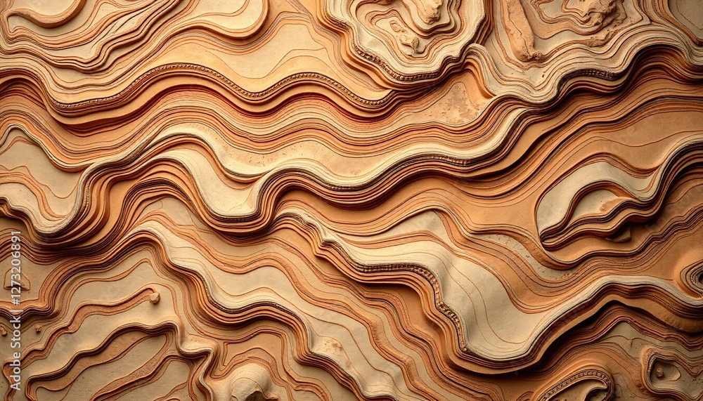 Aufkleber Earthy Abstract Texture. Warm Sediment Layers. Geological Formation. Deep Orange and Beige Hues. Wavy Lines and Curves. Flowing Patterns of Erosion. Undulating Landscape. Movement and Fluidity.