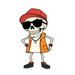 a skull emoji wearing a red baseball cap, sunglasses, an orange vest, and black shoes.