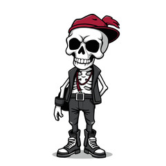 a skull emoji wearing a red hat with a feather, a black leather vest, and black and white sneakers.