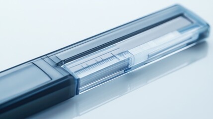 A close-up of a glucose meter with a test strip in place, showing a reading. Featuring self-care and diabetes management