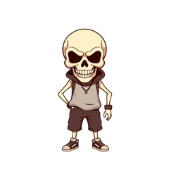 a skull wearing a hoodie, shorts, and sneakers.