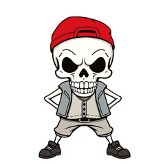 Fototapeta premium a skull emoji wearing a red baseball cap, a gray vest, and gray shorts.