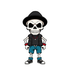 a skull emoji wearing a black hat, a black vest, and blue shorts, with a red bandana around its neck.