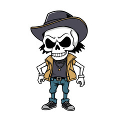 a skull emoji wearing a hat, vest, and jeans, with a stern facial expression.