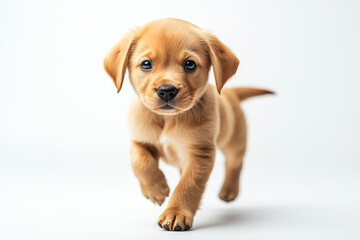Beautiful Professional Portrait of Golden Retriever Puppy Taking First Steps Against Pure White Background Showcasing Adorable Expression and Natural Movement in High-End Studio Photography Session wi