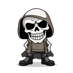 a skull wearing a hoodie, boots, and a cape.