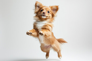 Professional Long-Haired Chihuahua Mid-Jump Action Photography on White Background Demonstrating Perfect Form and Athletic Ability in High-Speed Studio Capture with Expert Lighting