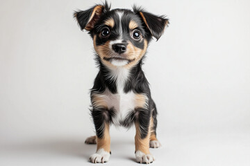 Professional Studio Portrait of Tricolor Chihuahua Mix Showing Distinctive Markings and Unique Personality Against Clean White Background with Premium Lighting Setup