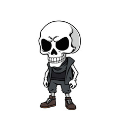 a skull emoji wearing a black shirt, gray pants, and brown shoes.
