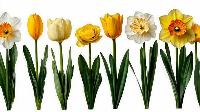 Colorful spring flowers arranged in a row showcasing various types of blooms on a white background