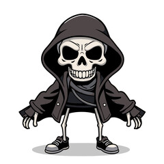 a skull emoji wearing a hooded jacket and black shoes.