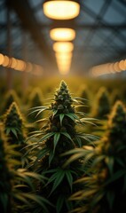Vibrant cannabis plants thrive under warm greenhouse lights, showcasing the growth and cultivation of hemp and marijuana in a professional setting.