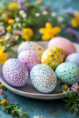Fototapeta premium Colorful decorated Easter Place Setting with Easter Eggs, flowers on the table