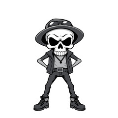 a skull emoji wearing a hat, sunglasses, and a leather jacket, with a stern expression on its face.