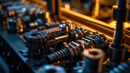Naklejka premium Precise Metal Gears and Mechanisms in Detailed Close-Up
