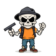 a skull emoji character wearing a hat, orange shirt, and jeans, holding a gun in its hand.