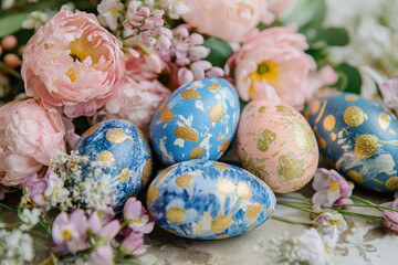 Colorful decorated Easter Place Setting with Easter Eggs, flowers on the table