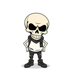 a skull emoji wearing a black and white outfit, including a shirt, pants, and shoes.