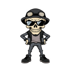 a skull emoji wearing a hat, sunglasses, and a leather jacket, with a confident and aggressive pose.