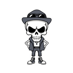 a skull wearing a hat, sunglasses, and a leather jacket.
