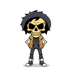 a skull emoji wearing a hat, vest, and pants, with a stern expression on its face.