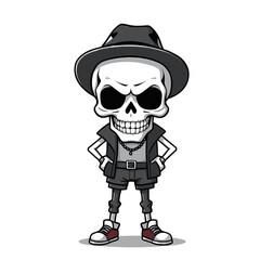 a skull emoji wearing a hat, a leather jacket, and sneakers.