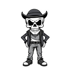 a skull emoji wearing a hat, jacket, and shoes.