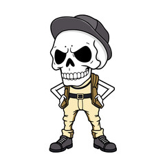 a skull emoji wearing a hat, backpack, and shoes, with a stern expression on its face.