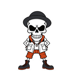 a skull wearing a hat, vest, and boots, with a stern expression on its face.