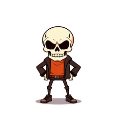 a skull emoji wearing a leather jacket, red shirt, and black shoes.