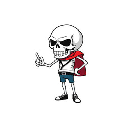Skull emoji cartoon character with a red cape, white shirt, blue shorts, and black shoes, giving the impression of a confident and cool-looking individual.