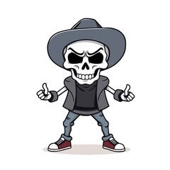 a skull emoji wearing a hat, jacket, and sneakers, giving a thumbs up gesture.