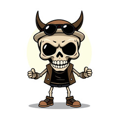a skull emoji wearing a brown hat with horns, sunglasses, and giving a thumbs up gesture.