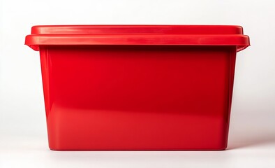 Red plastic storage container with lid, isolated on white background. (3)