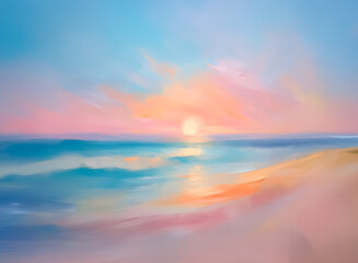 Fototapeta premium A tranquil beach scene at sunset showcases soft pastel hues. Gentle ocean waves meet the sandy shore beneath a sky painted with pink, orange, and blue tones.