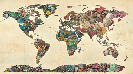 Fototapeta premium A watercolor world map with sections fading into garbage, showcasing the struggle between sustainability and pollution.