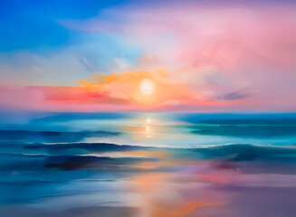 Fototapeta premium A vibrant sunset paints the sky with hues of pink, orange, and blue, reflecting on the calm sea. Peaceful and serene scene.