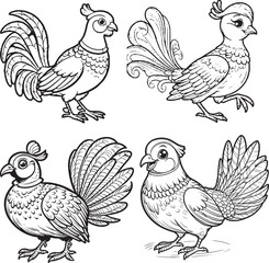 Intricate Bird Illustrations - Black and White Cartoon-Style Feathered Friends