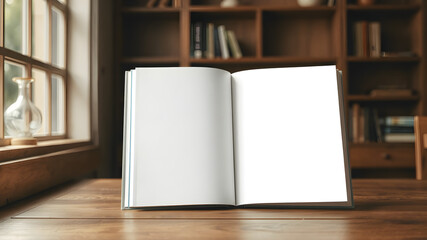 A hardcover book mockup standing upright on a wooden table with soft lighting. The cover is blank, allowing space for custom artwork, titles, or branding.