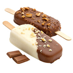 . Ice cream in a glaze of white chocolate and in a glaze of milk chocolate and nuts on wooden sticks. Isolate on white background