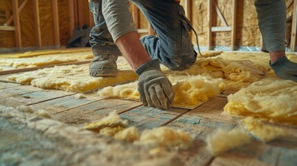 Construction worker assembles yellow insulation panels for warm flooring in building interior