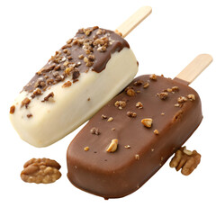 . Ice cream in a glaze of white chocolate and in a glaze of milk chocolate and nuts on wooden sticks. Isolate on white background