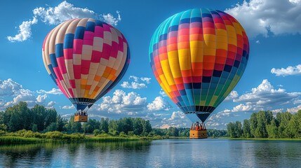 Fototapeta premium Two vibrant hot air balloons soaring over a serene lake under a clear blue sky